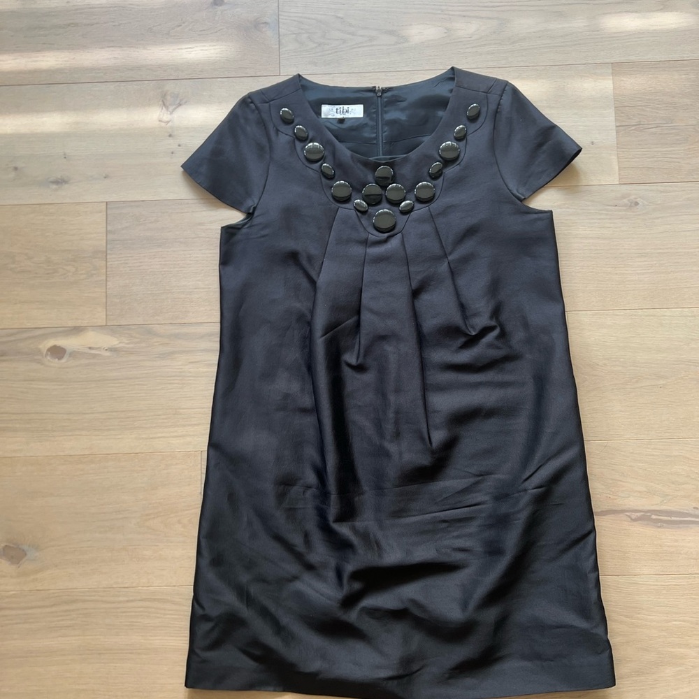 Tibi Black Silk Mini Dress with Jewel Embellished Neckline